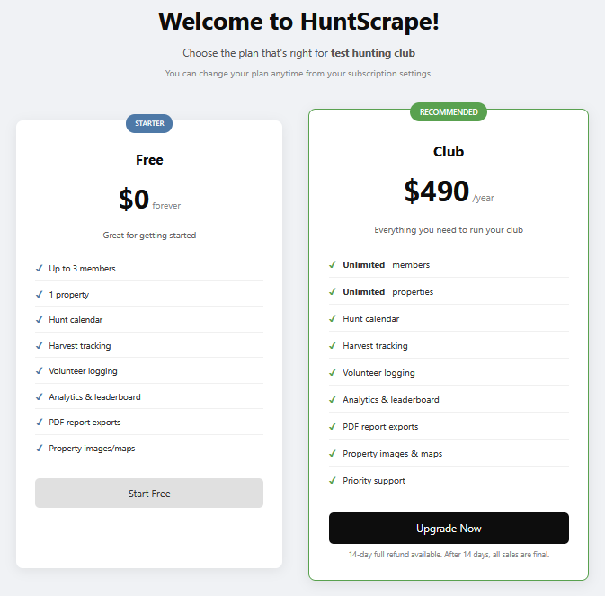 Club membership type selection