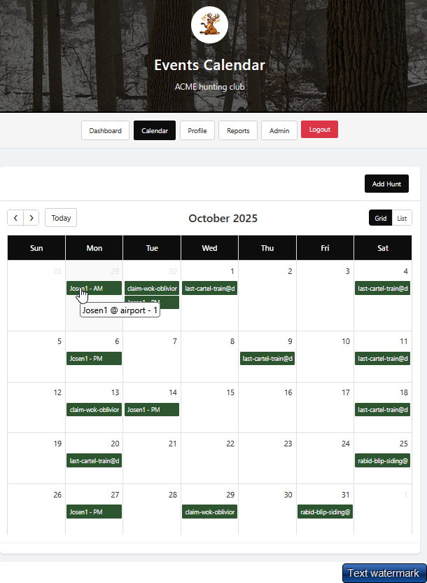 Hunt calendar grid view