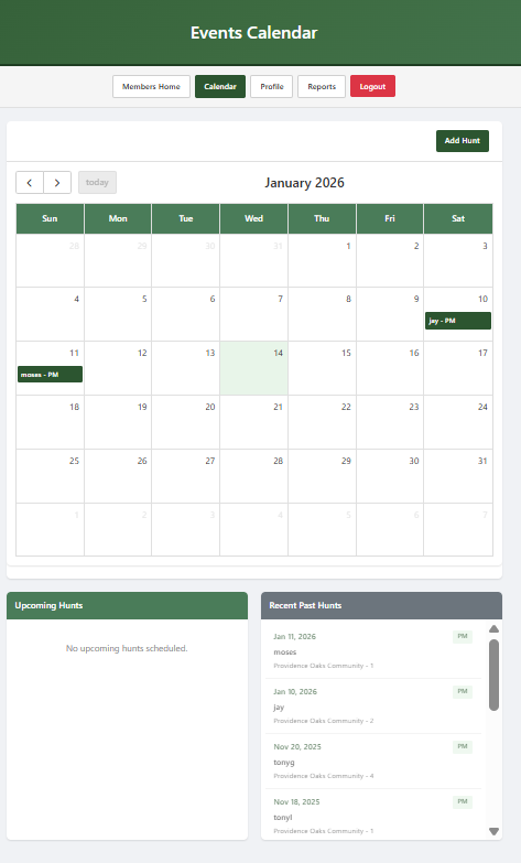 Hunt Calendar Interface