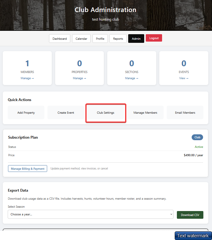 Club settings admin page
