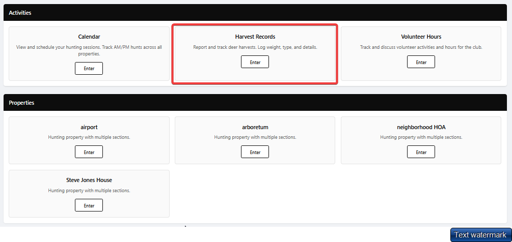 Harvest records button on dashboard