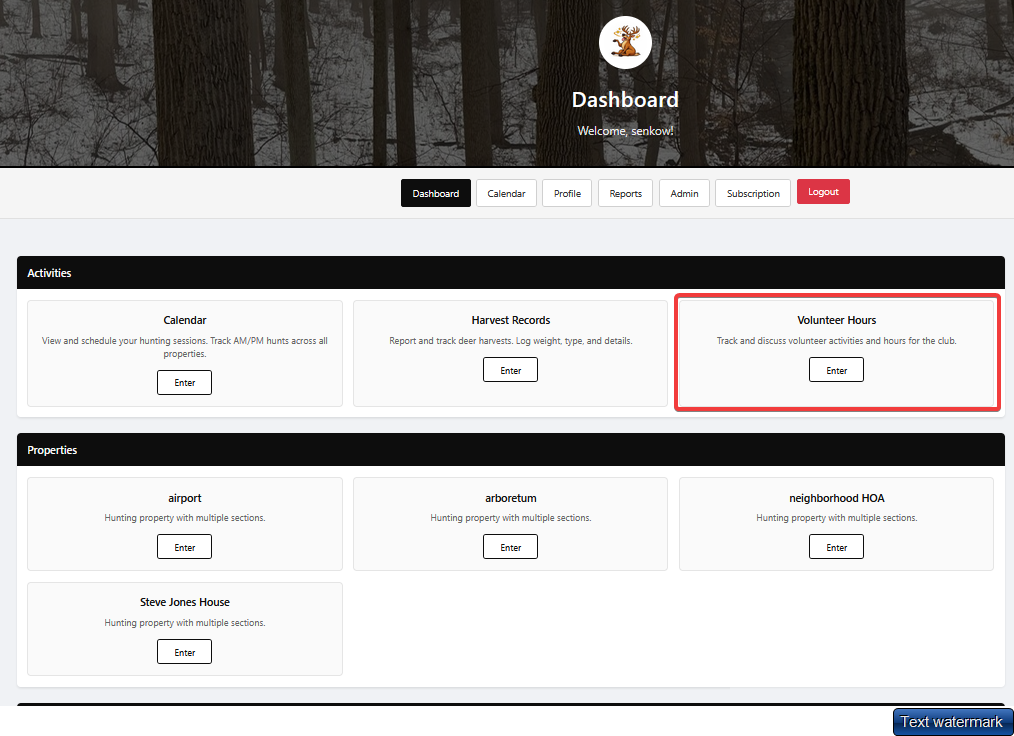 Volunteer hours button on dashboard